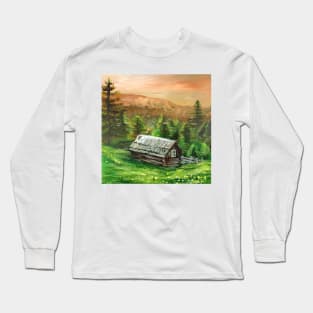 western country farm landscape pine tree old fence mountain rustic log cabin Long Sleeve T-Shirt